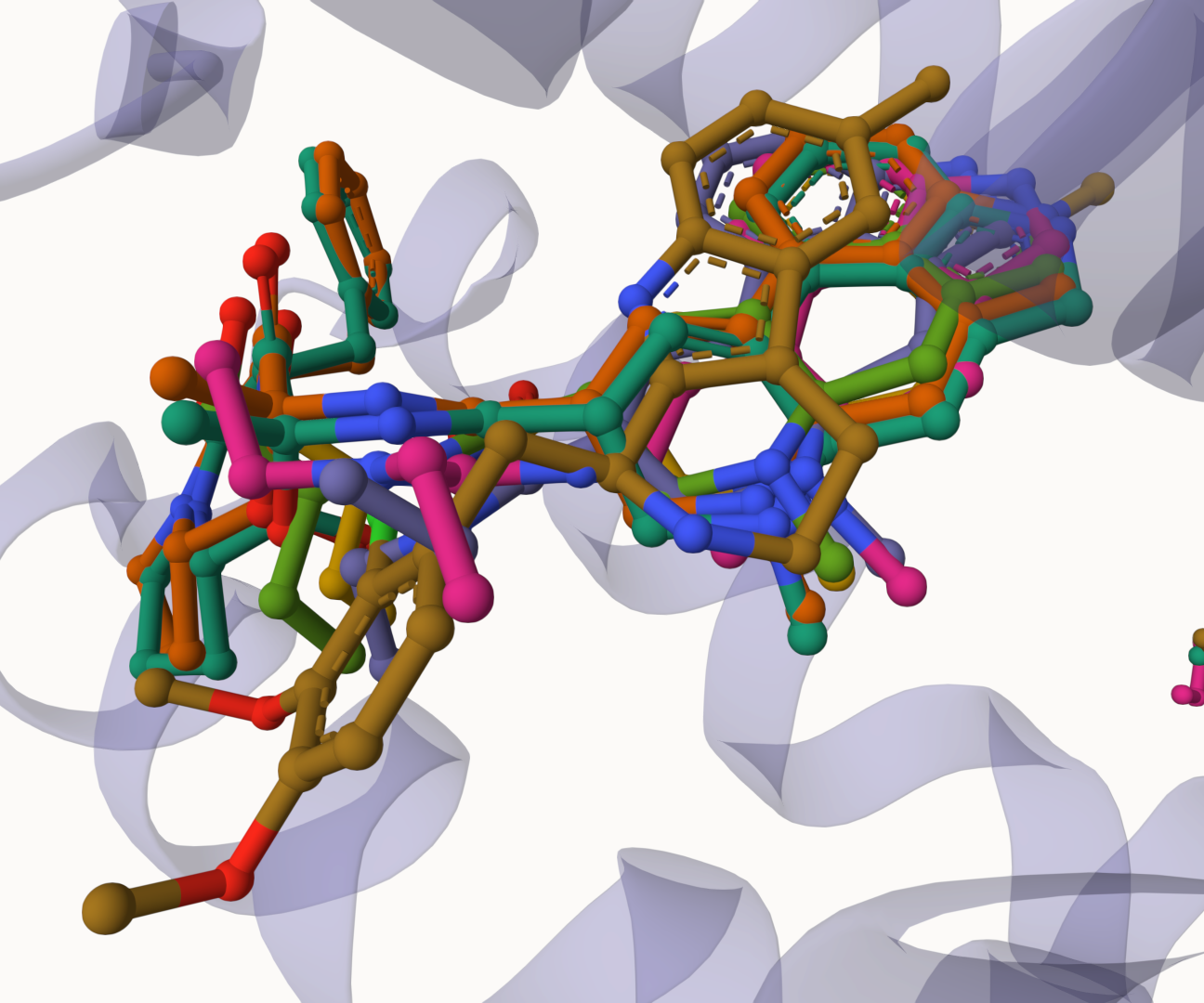 Figure 3. A comparison of the specific interactions in the OBP of ergoline ligand-bound structures: PDB IDs 4IB4 (5-HT2BR/ERG, green), 4NC3 (5-HT2BR/ERG, orange), 5TVN (5-HT2BR/LSD, lilac), 6DRX (5-HT2BR/lisuride, pink), 6DRY (5-HT2BR/methylergometrine, green), 6DRZ (5-HT2BR/methysergide, yellow), 6DS0 (5-HT2BR/LY266097, ochre). For clear visualisation, only the backbone of 5-HT2BR/ERG is shown as a ribbon cartoon.