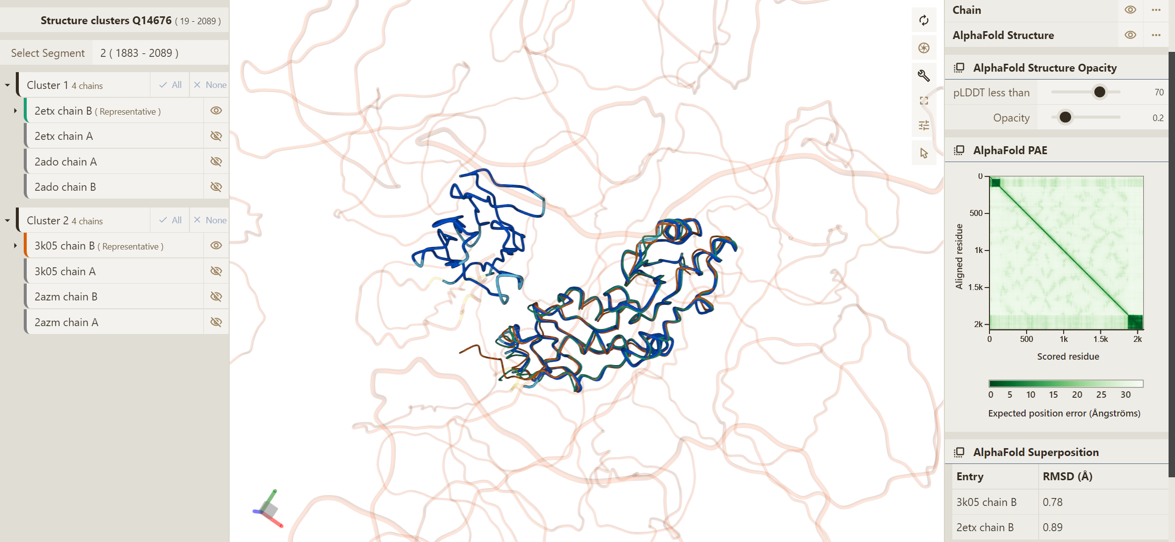 superposition of PDB and AlphaFold protein structures displayed in the 3D Mol* viewer