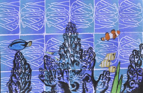 Print artwork depicting coral reef, fish and protein molecules, highlighting coral bleaching and its connection with molecular photobleaching