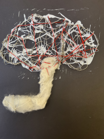 Artwork of the brain depicting serotonin receptors made with tufting, stings shape forming and lino printing 