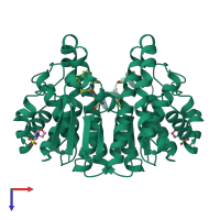 Homo dimeric assembly 1 of PDB entry 10gs coloured by chemically distinct molecules, top view.