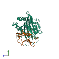 Hetero trimeric assembly 1 of PDB entry 1a9e coloured by chemically distinct molecules, side view.