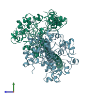 PDB entry 1ajy coloured by chain, ensemble of 13 models, side view.