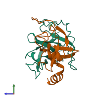 PDB entry 1aks coloured by chain, side view.