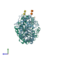 PDB entry 1aq0 coloured by chain, side view.