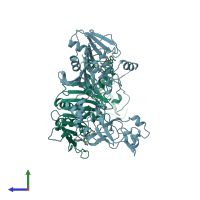 PDB entry 1aqj coloured by chain, side view.