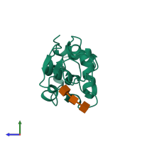 PDB entry 1at6 coloured by chain, side view.