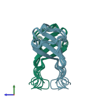 PDB entry 1auu coloured by chain, ensemble of 10 models, side view.