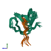 PDB entry 1aze coloured by chain, ensemble of 10 models, side view.