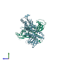 PDB entry 1b3q coloured by chain, side view.