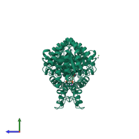 Homo dimeric assembly 1 of PDB entry 1b57 coloured by chemically distinct molecules, side view.