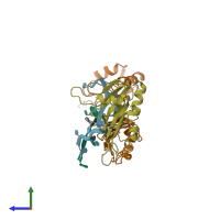 PDB entry 1b7f coloured by chain, side view.