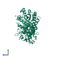 Monomeric assembly 1 of PDB entry 1b90 coloured by chemically distinct molecules, side view.