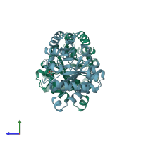 PDB entry 1b9b coloured by chain, side view.