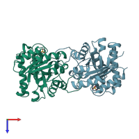 PDB entry 1b9b coloured by chain, top view.