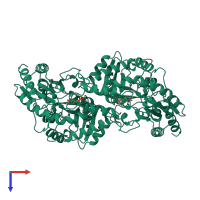 Homo dimeric assembly 1 of PDB entry 1b9h coloured by chemically distinct molecules, top view.