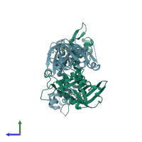 PDB entry 1b9m coloured by chain, side view.