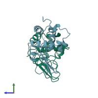 PDB entry 1bb4 coloured by chain, side view.