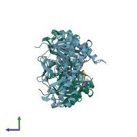 PDB entry 1bdm coloured by chain, side view.