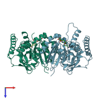 PDB entry 1bdm coloured by chain, top view.