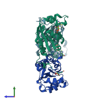 PDB entry 1be4 coloured by chain, side view.