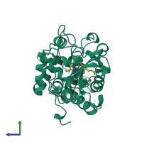 Monomeric assembly 1 of PDB entry 1bek coloured by chemically distinct molecules, side view.