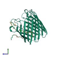 PDB entry 1bh3 coloured by chain, side view.