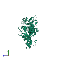 PDB entry 1bi1 coloured by chain, side view.