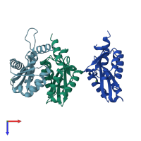 PDB entry 1biu coloured by chain, top view.