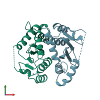 PDB entry 1biz coloured by chain, front view.