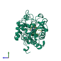 PDB entry 1bj9 coloured by chain, side view.