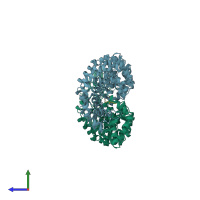 PDB entry 1bk6 coloured by chain, side view.