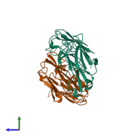 PDB entry 1bm3 coloured by chain, side view.