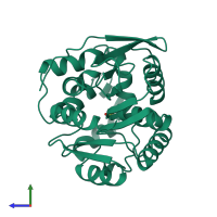 PDB entry 1bn7 coloured by chain, side view.