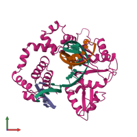 PDB entry 1bpx coloured by chain, front view.