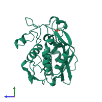 PDB entry 1bq2 coloured by chain, side view.