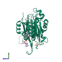 PDB entry 1bqe coloured by chain, side view.