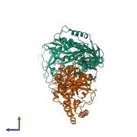 PDB entry 1bqm coloured by chain, side view.