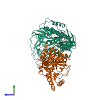 PDB entry 1bqn coloured by chain, side view.