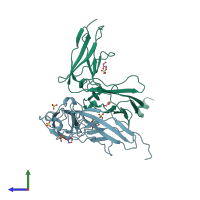 PDB entry 1bqu coloured by chain, side view.