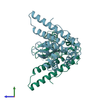 PDB entry 1bt8 coloured by chain, side view.