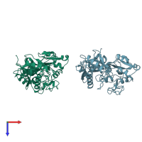 PDB entry 1btj coloured by chain, top view.