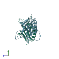 PDB entry 1btk coloured by chain, side view.