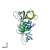 PDB entry 1bu1 coloured by chain, side view.