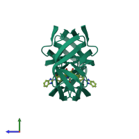 Homo dimeric assembly 1 of PDB entry 1bwb coloured by chemically distinct molecules, side view.