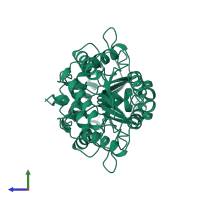 Homo dimeric assembly 1 of PDB entry 1bwp coloured by chemically distinct molecules, side view.