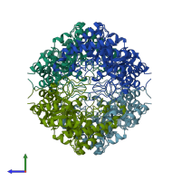 PDB entry 1bxb coloured by chain, side view.