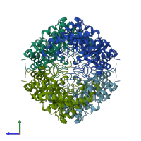 PDB entry 1bxc coloured by chain, side view.