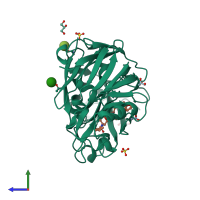 PDB entry 1bxq coloured by chain, side view.