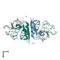 PDB entry 1byf coloured by chain, top view.